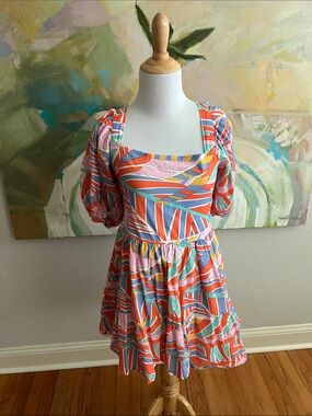 BRITON COURT puff sleeve colorful mini dress tropical XS 100% cotton